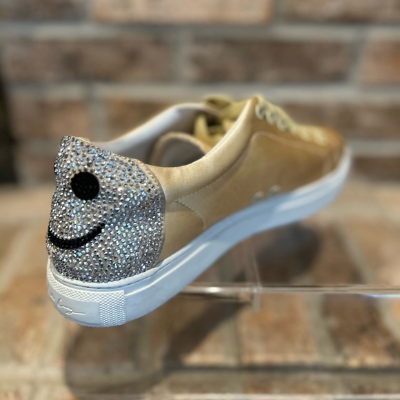 Lola Cruz Shoes - Lola Cruz Wink Gold Satin Sneakers & Crystals